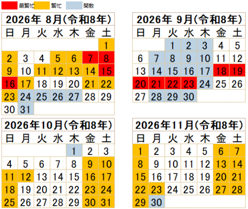 JR東海 2026年8-11閑散期、繁忙期カレンダー